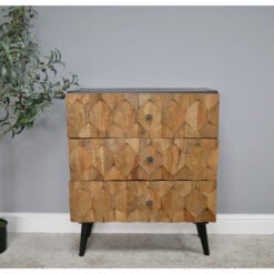Boho Carved Light Solid Mango Wood And Black Metal 3 Drawer Chest Of Drawers 85cm