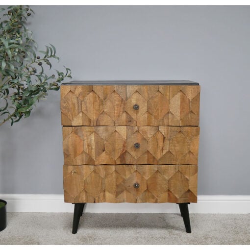 Boho Carved Light Solid Mango Wood And Black Metal 3 Drawer Chest Of Drawers 85cm