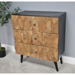 Boho Carved Light Solid Mango Wood And Black Metal 3 Drawer Chest Of Drawers 85cm