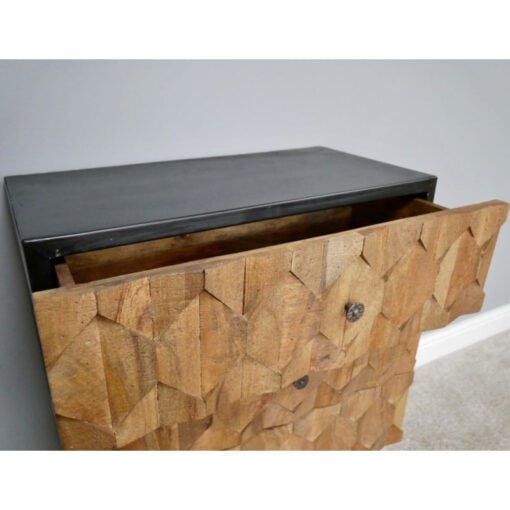 Boho Carved Light Solid Mango Wood And Black Metal 3 Drawer Chest Of Drawers 85cm