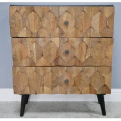 Boho Carved Light Solid Mango Wood And Black Metal 3 Drawer Chest Of Drawers 85cm
