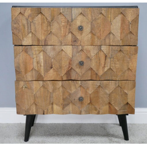 Boho Carved Light Solid Mango Wood And Black Metal 3 Drawer Chest Of Drawers 85cm