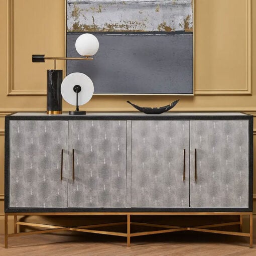Boho Gold Metal And Grey Shagreen Faux Leather 4 Door Large Sideboard 184cm