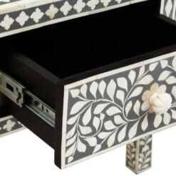 Boho Grey Wood And White Bone Inlay 3 Drawer Floral Console Table Dressing Table Desk