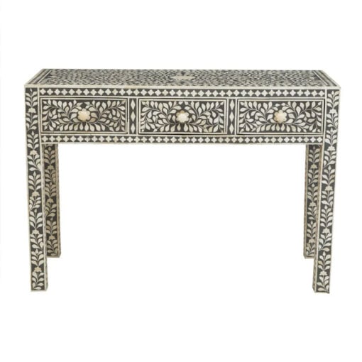 Boho Grey Wood And White Bone Inlay 3 Drawer Floral Console Table Dressing Table Desk