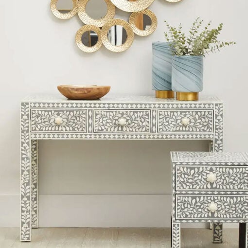 Boho Grey Wood And White Bone Inlay 3 Drawer Floral Console Table Dressing Table Desk