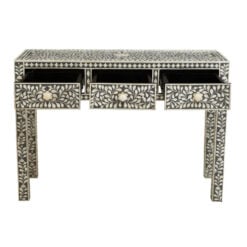 Boho Grey Wood And White Bone Inlay 3 Drawer Floral Console Table Dressing Table Desk