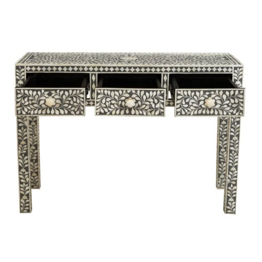 Boho Grey Wood And White Bone Inlay 3 Drawer Floral Console Table Dressing Table Desk