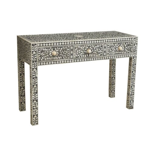 Boho Grey Wood And White Bone Inlay 3 Drawer Floral Console Table Dressing Table Desk