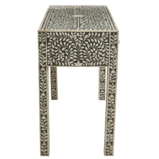 Boho Grey Wood And White Bone Inlay 3 Drawer Floral Console Table Dressing Table Desk