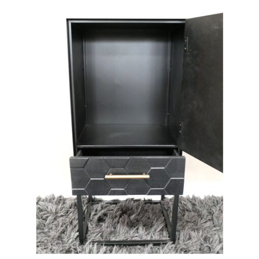 Boho Honeycomb Black Solid Wood And Black And Gold Metal 1 Drawer 1 Door Tall Storage Cabinet