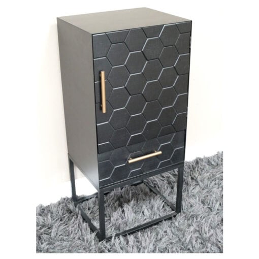 Boho Honeycomb Black Solid Wood And Black And Gold Metal 1 Drawer 1 Door Tall Storage Cabinet