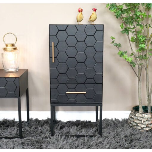 Boho Honeycomb Black Solid Wood And Black And Gold Metal 1 Drawer 1 Door Tall Storage Cabinet