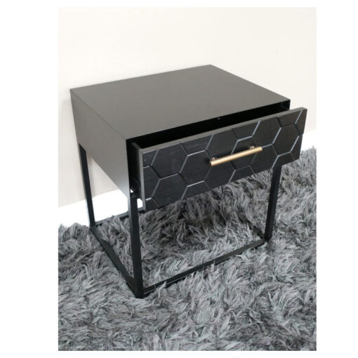 Boho Honeycomb Black Solid Wood And Black And Gold Metal 1 Drawer Bedside Cabinet Side Table