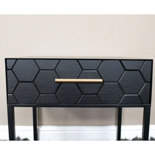Boho Honeycomb Black Solid Wood And Black And Gold Metal 1 Drawer Bedside Cabinet Side Table