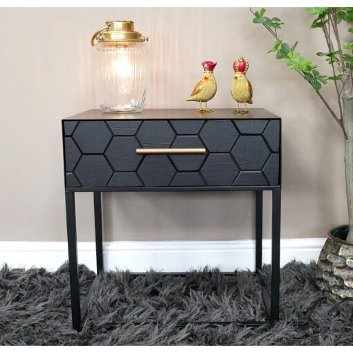Boho Honeycomb Black Solid Wood And Black And Gold Metal 1 Drawer Bedside Cabinet Side Table