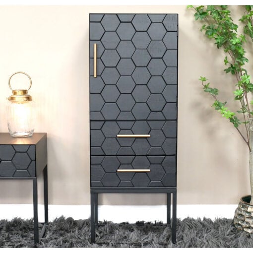 Boho Honeycomb Black Solid Wood And Black And Gold Metal 2 Drawer 1 Door Tall Storage Cabinet