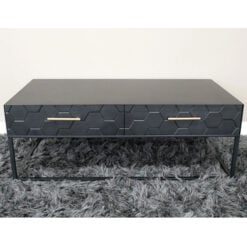 Boho Honeycomb Black Solid Wood And Black And Gold Metal 2 Drawer Coffee Table 110cm