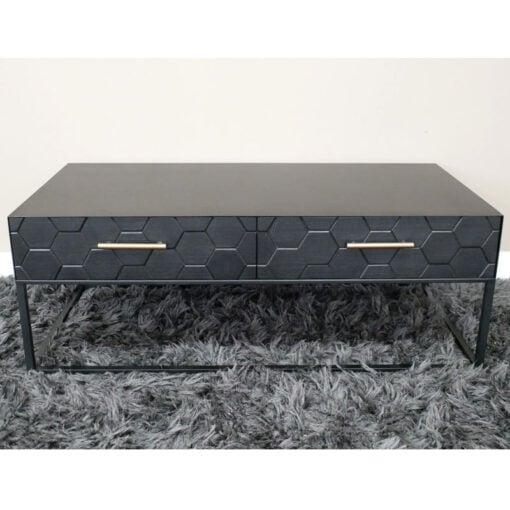 Boho Honeycomb Black Solid Wood And Black And Gold Metal 2 Drawer Coffee Table 110cm