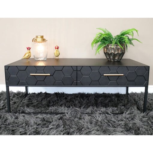 Boho Honeycomb Black Solid Wood And Black And Gold Metal 2 Drawer Coffee Table 110cm