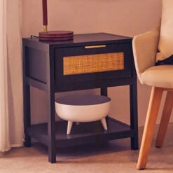 Boho Rustic Black Wood And Rattan 1 Drawer 1 Shelf Bedside Cabinet Side Table