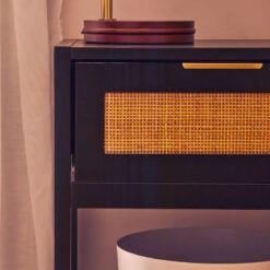 Boho Rustic Black Wood And Rattan 1 Drawer 1 Shelf Bedside Cabinet Side Table