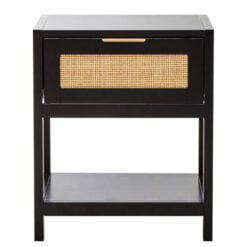 Boho Rustic Black Wood And Rattan 1 Drawer 1 Shelf Bedside Cabinet Side Table