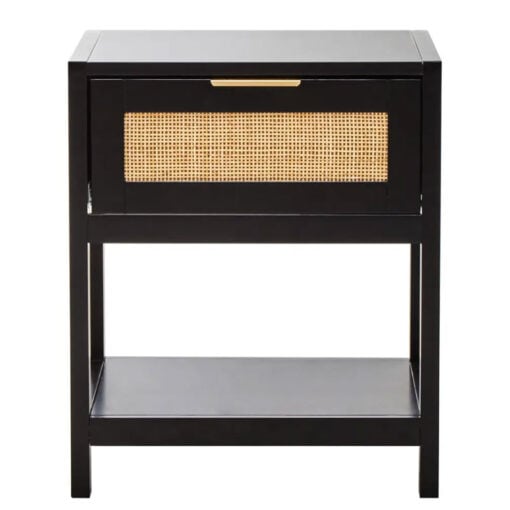 Boho Rustic Black Wood And Rattan 1 Drawer 1 Shelf Bedside Cabinet Side Table