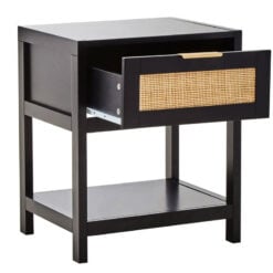 Boho Rustic Black Wood And Rattan 1 Drawer 1 Shelf Bedside Cabinet Side Table