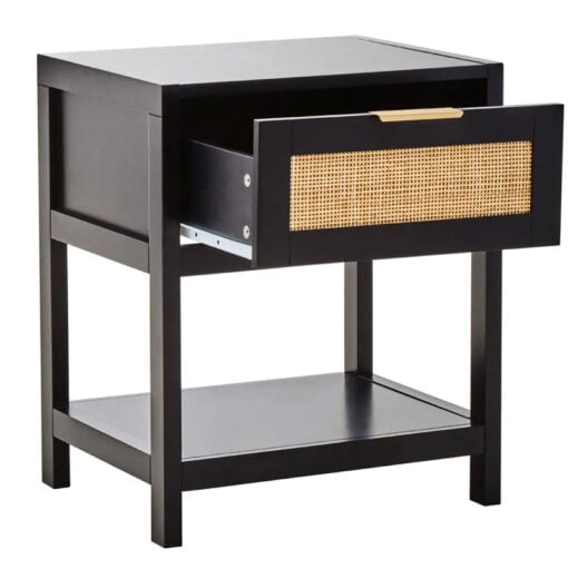 Boho Rustic Black Wood And Rattan 1 Drawer 1 Shelf Bedside Cabinet Side Table