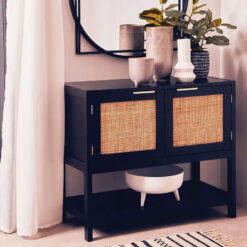 Boho Rustic Black Wood And Rattan 2 Door 2 Tier Sideboard Console Table