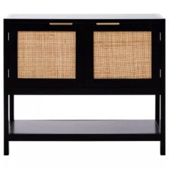 Boho Rustic Black Wood And Rattan 2 Door 2 Tier Sideboard Console Table