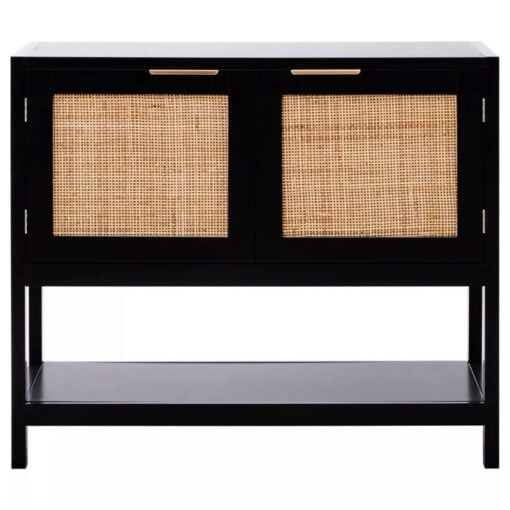 Boho Rustic Black Wood And Rattan 2 Door 2 Tier Sideboard Console Table