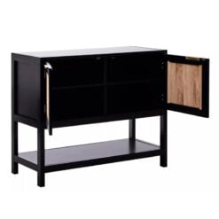 Boho Rustic Black Wood And Rattan 2 Door 2 Tier Sideboard Console Table
