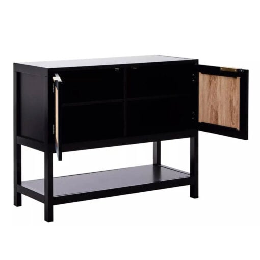 Boho Rustic Black Wood And Rattan 2 Door 2 Tier Sideboard Console Table