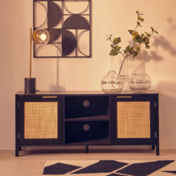 Boho Rustic Black Wood And Rattan 2 Door TV Stand Cabinet Media Unit 120cm
