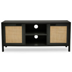 Boho Rustic Black Wood And Rattan 2 Door TV Stand Cabinet Media Unit 120cm