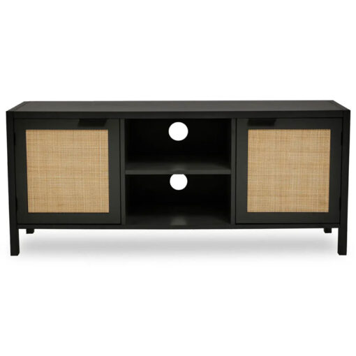 Boho Rustic Black Wood And Rattan 2 Door TV Stand Cabinet Media Unit 120cm