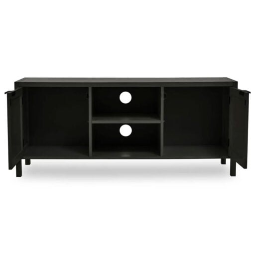 Boho Rustic Black Wood And Rattan 2 Door TV Stand Cabinet Media Unit 120cm
