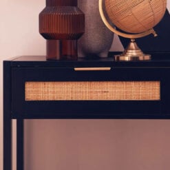 Boho Rustic Black Wood And Rattan 2 Drawer 1 Shelf 2 Tier Slim Console Table