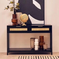 Boho Rustic Black Wood And Rattan 2 Drawer 1 Shelf 2 Tier Slim Console Table