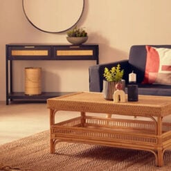 Boho Rustic Black Wood And Rattan 2 Drawer 1 Shelf 2 Tier Slim Console Table