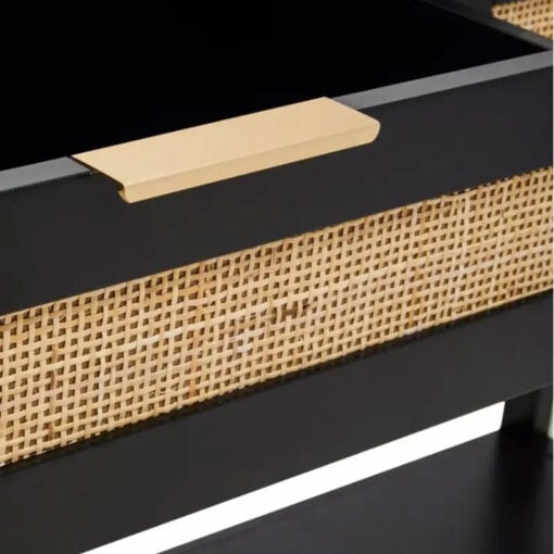 Boho Rustic Black Wood And Rattan 2 Drawer 1 Shelf 2 Tier Slim Console Table