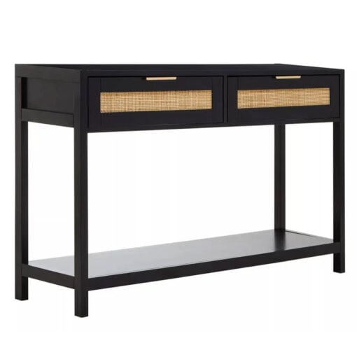 Boho Rustic Black Wood And Rattan 2 Drawer 1 Shelf 2 Tier Slim Console Table