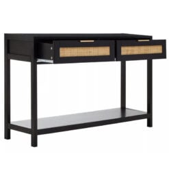 Boho Rustic Black Wood And Rattan 2 Drawer 1 Shelf 2 Tier Slim Console Table