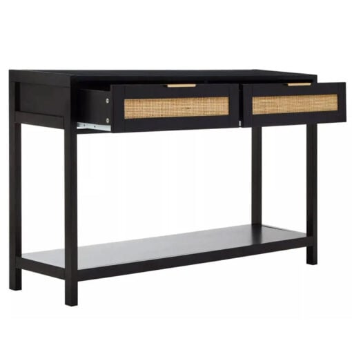 Boho Rustic Black Wood And Rattan 2 Drawer 1 Shelf 2 Tier Slim Console Table