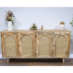 Boho Rustic Large 4 Arched Doors Solid Light Acacia Wood And Rattan Sideboard 180cm