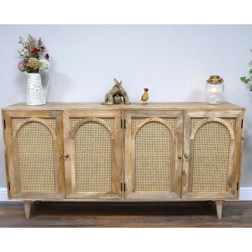 Boho Rustic Large 4 Arched Doors Solid Light Acacia Wood And Rattan Sideboard 180cm