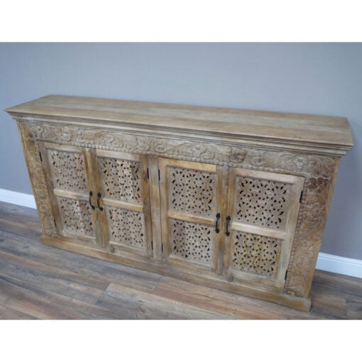 Boho Rustic Solid Light Carved Mango Wood 4 Door Extra Large Sideboard 190cm