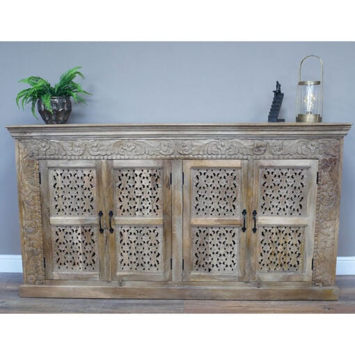 Boho Rustic Solid Light Carved Mango Wood 4 Door Extra Large Sideboard 190cm